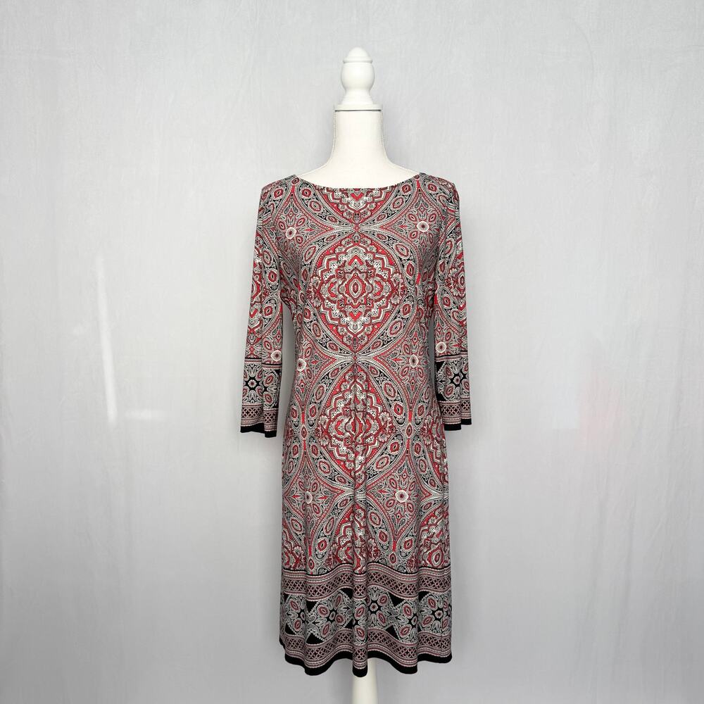 London Times Black Red White Stretch Print Dress, Size 10
